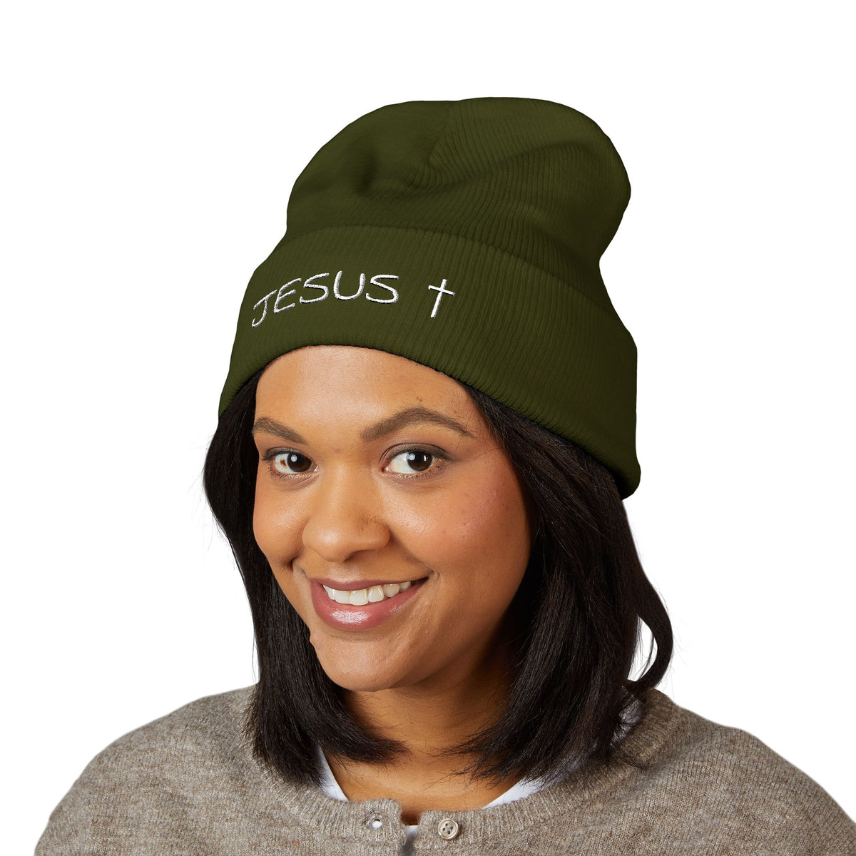 Jesus Embroidered Cuffed Beanie – Christian Faith Knit Hat