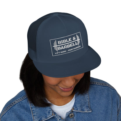 Bible & Barbell White Boxed Logo 5 Panel Trucker Cap