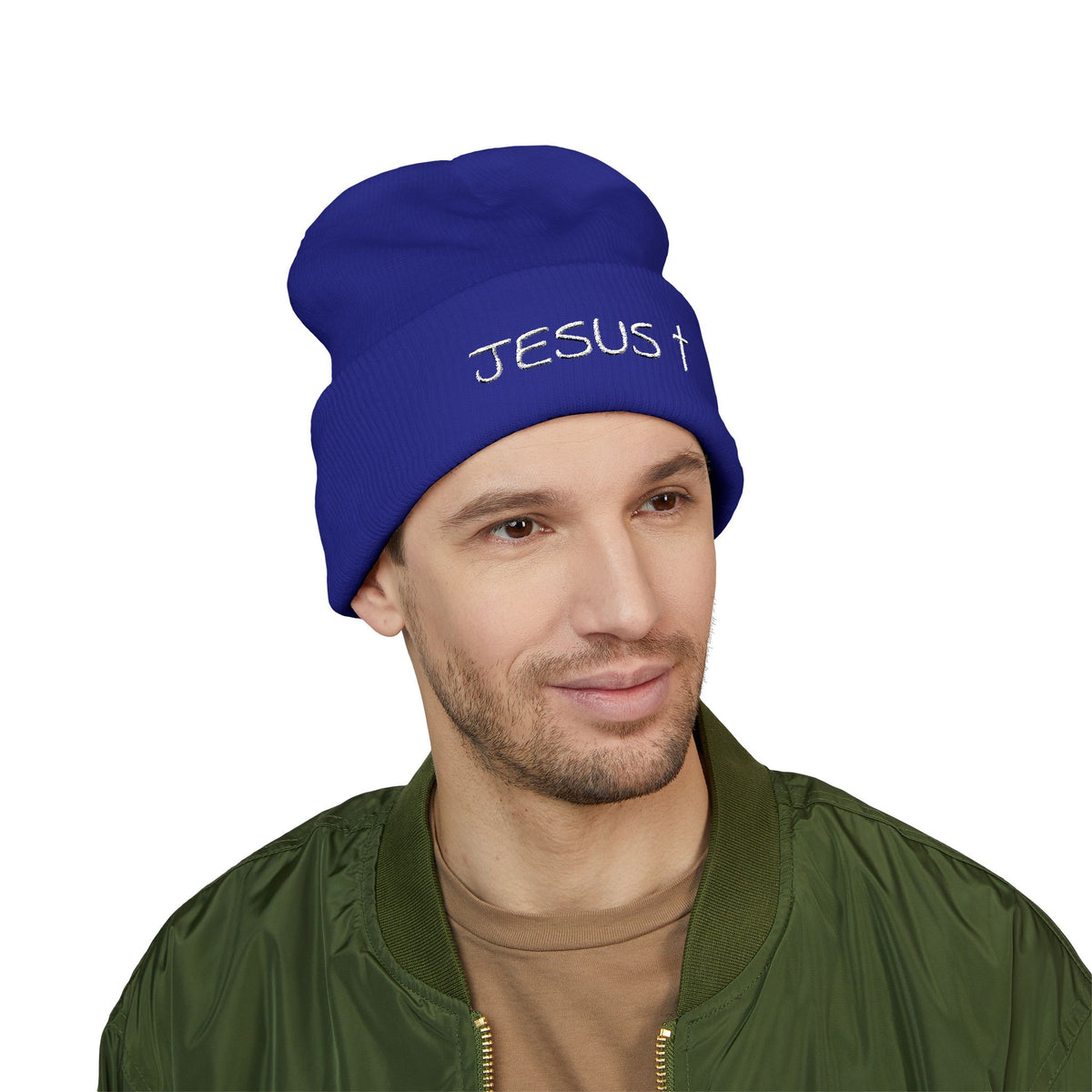 Jesus Embroidered Cuffed Beanie – Christian Faith Knit Hat