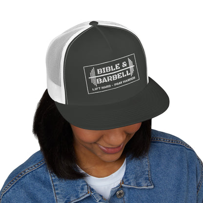 Bible & Barbell White Boxed Logo 5 Panel Trucker Cap