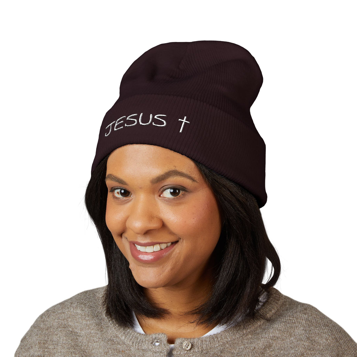 Jesus Embroidered Cuffed Beanie – Christian Faith Knit Hat