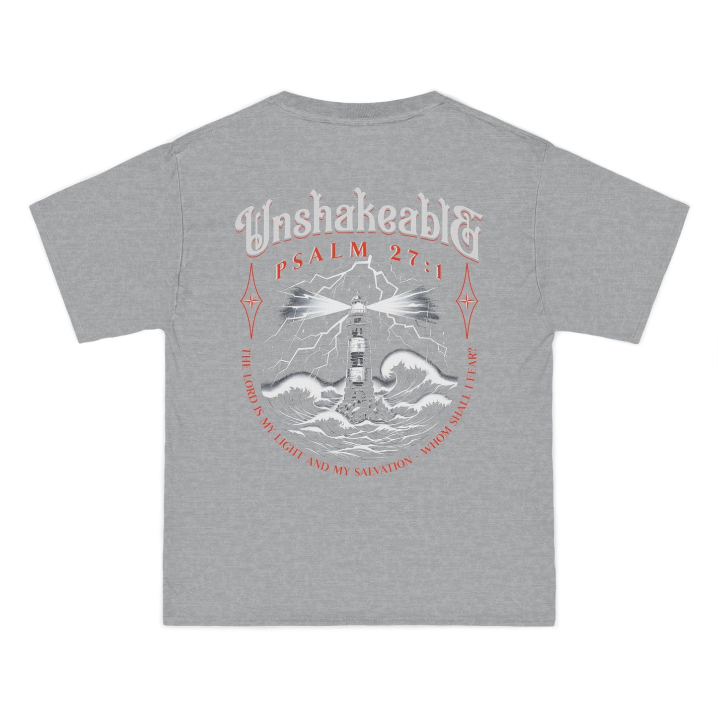 Unshakeable Psalm 27:1 Lighthouse T-Shirt — Christian Faith Graphic Tee