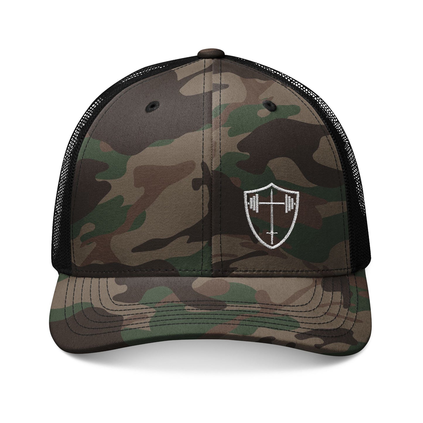 Bible & Barbell Logo Camouflage Trucker Hat — Embroidered Shield Logo Camouflage Cap