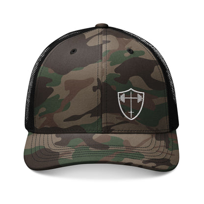 Bible & Barbell Logo Camouflage Trucker Hat — Embroidered Shield Logo Camouflage Cap