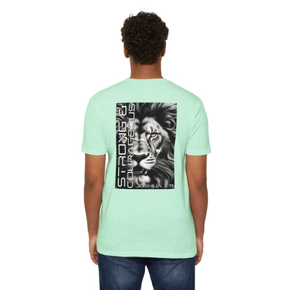Strong & Courageous Lion Graphic T-Shirt, Joshua 1:9 Motivational Tee, Unisex Shirt, Strength Apparel, Gift for Him, Faith-Based Clothing