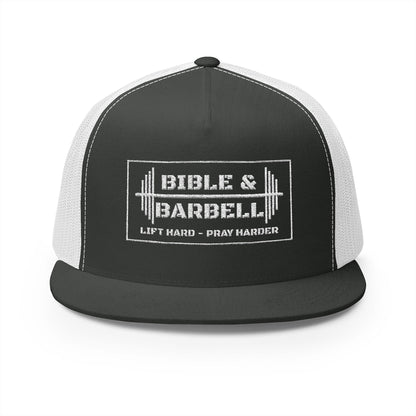 Bible & Barbell White Boxed Logo 5 Panel Trucker Cap