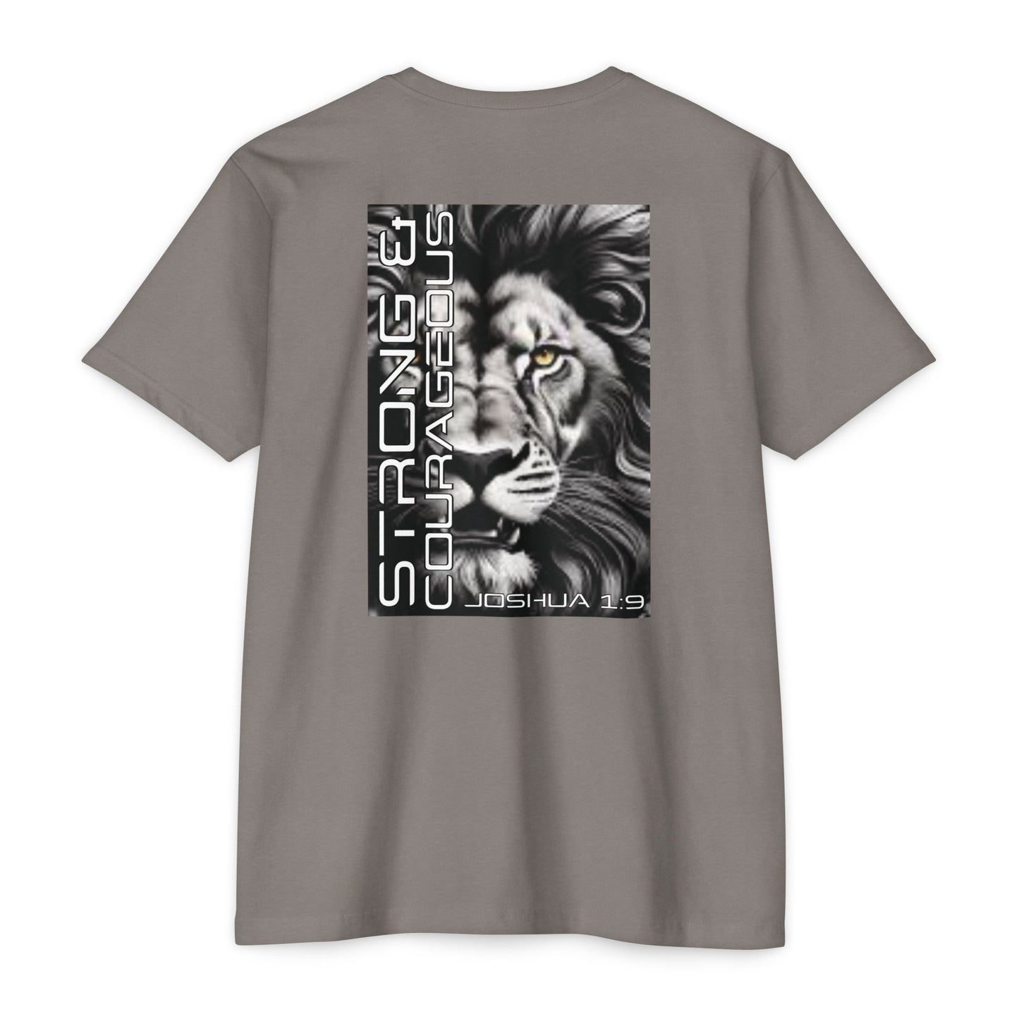 Strong & Courageous Lion Graphic T-Shirt, Joshua 1:9 Motivational Tee, Unisex Shirt, Strength Apparel, Gift for Him, Faith-Based Clothing