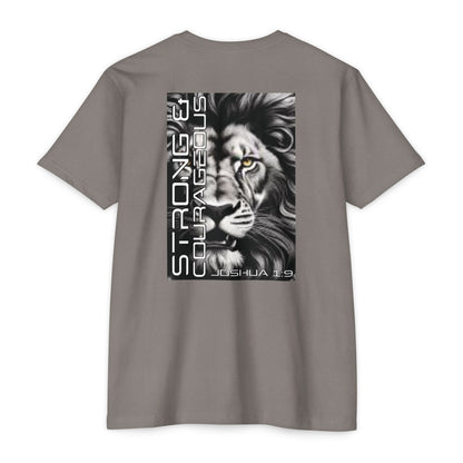 Strong & Courageous Lion Graphic T-Shirt, Joshua 1:9 Motivational Tee, Unisex Shirt, Strength Apparel, Gift for Him, Faith-Based Clothing