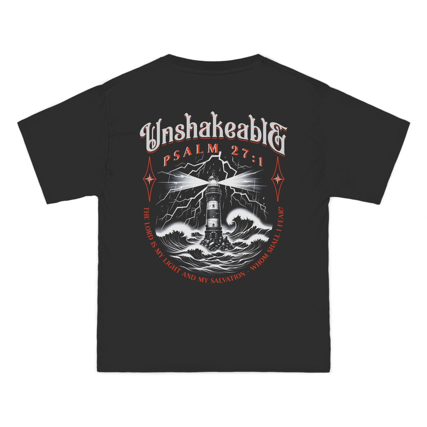 Unshakeable Psalm 27:1 Lighthouse T-Shirt — Christian Faith Graphic Tee