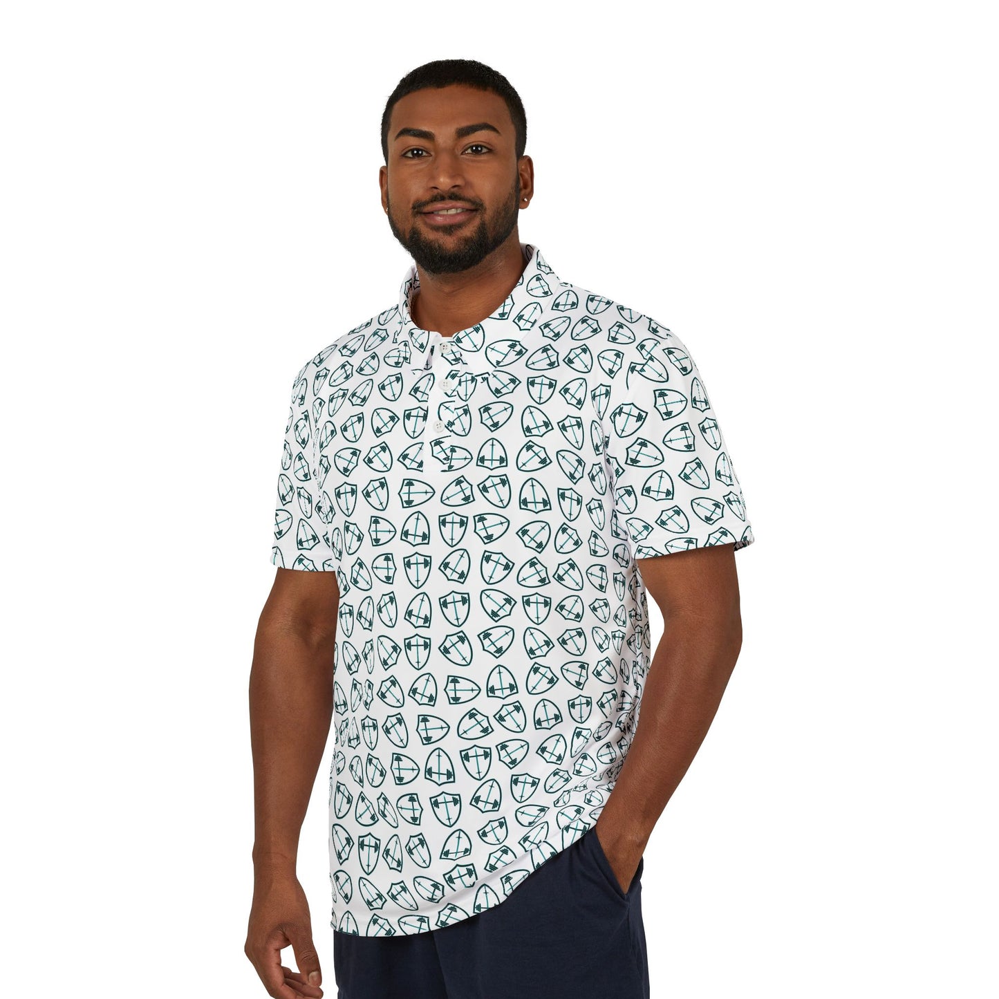 Bible & Barbell Teal Logo Pattern - Golf Ball Pattern Polo Shirt - All-Over Print Athletic Polo