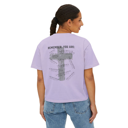 Remember, You Are: Bible & Barbell Women's Boxy Tee — Christian Cross Faith Graphic Shirt