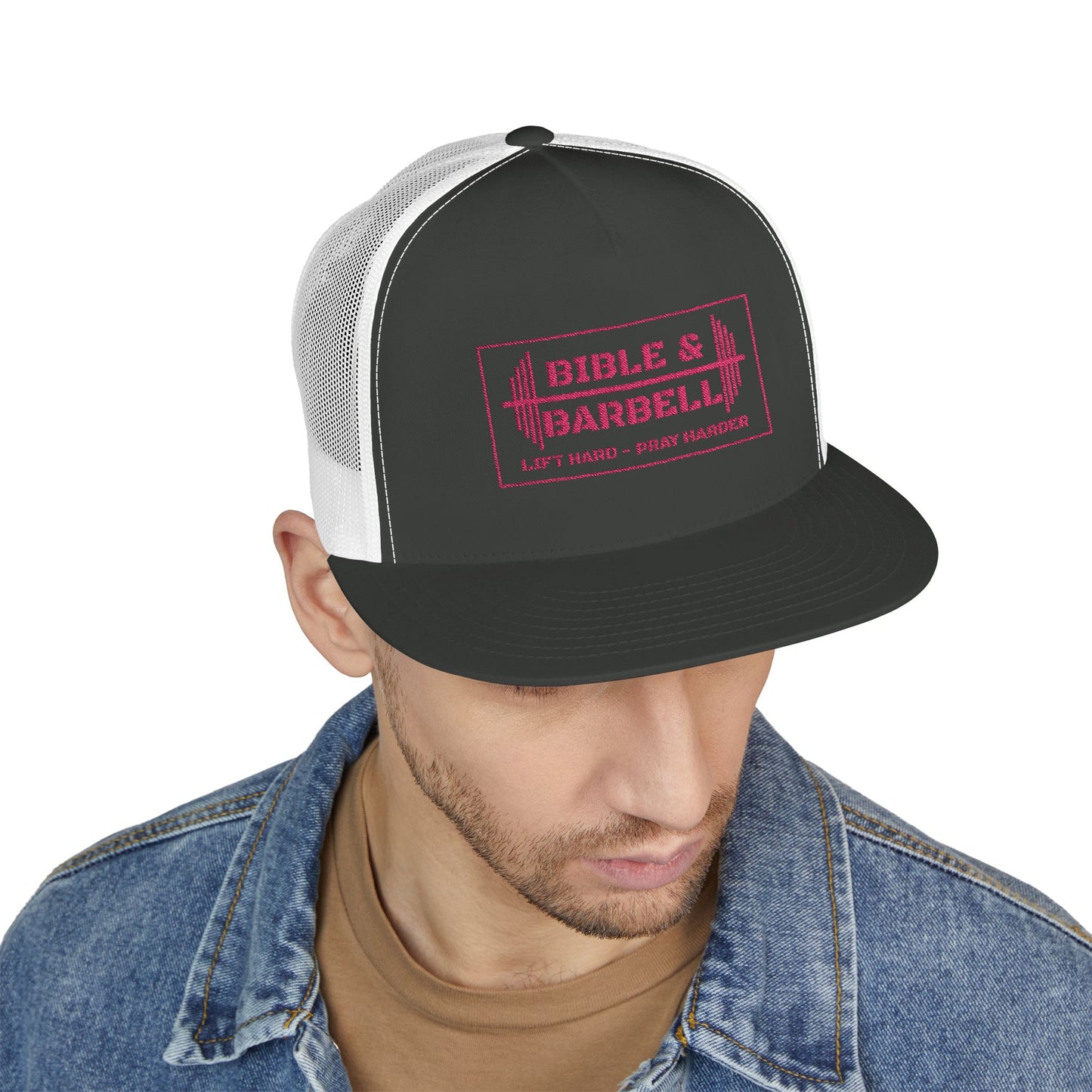 Bible & Barbell Pink Boxed Logo 5 Panel Trucker Cap