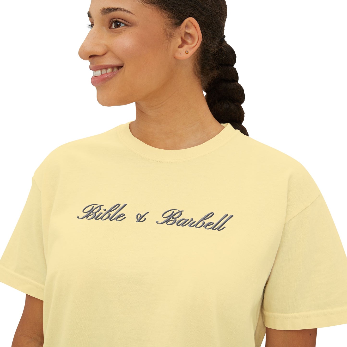 Remember, You Are: Bible & Barbell Women's Boxy Tee — Christian Cross Faith Graphic Shirt
