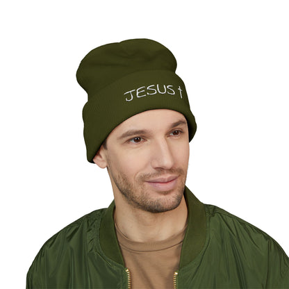 Jesus Embroidered Cuffed Beanie – Christian Faith Knit Hat