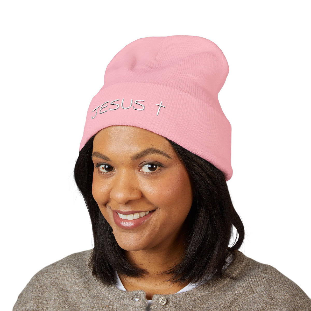 Jesus Embroidered Cuffed Beanie – Christian Faith Knit Hat