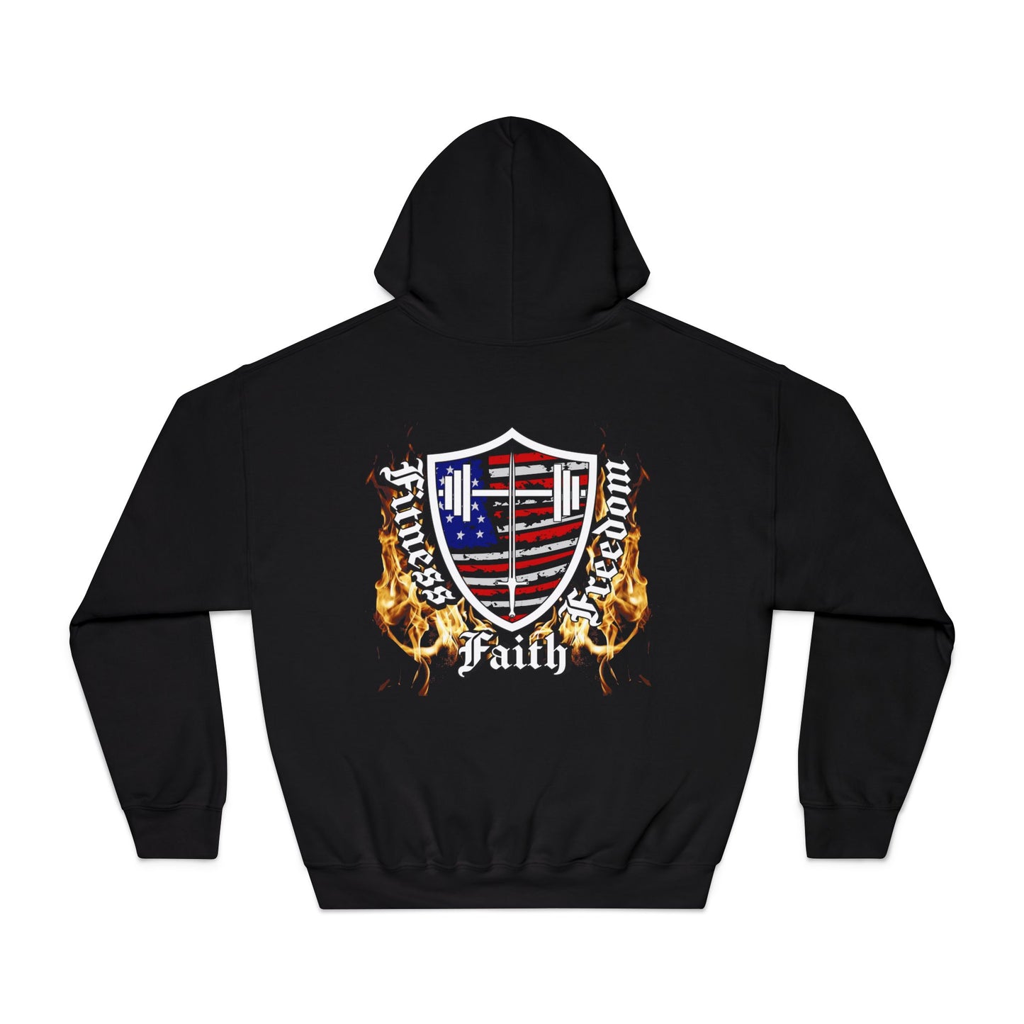 Faith Fitness & Freedom Hooded Sweatshirt — American Shield Flame Graphic