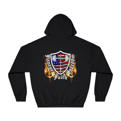 Faith Fitness & Freedom Hooded Sweatshirt — American Shield Flame Graphic