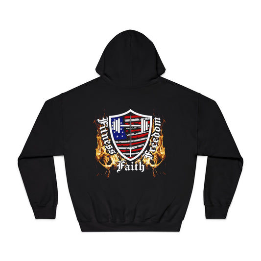 Faith Fitness & Freedom Hooded Sweatshirt — American Shield Flame Graphic