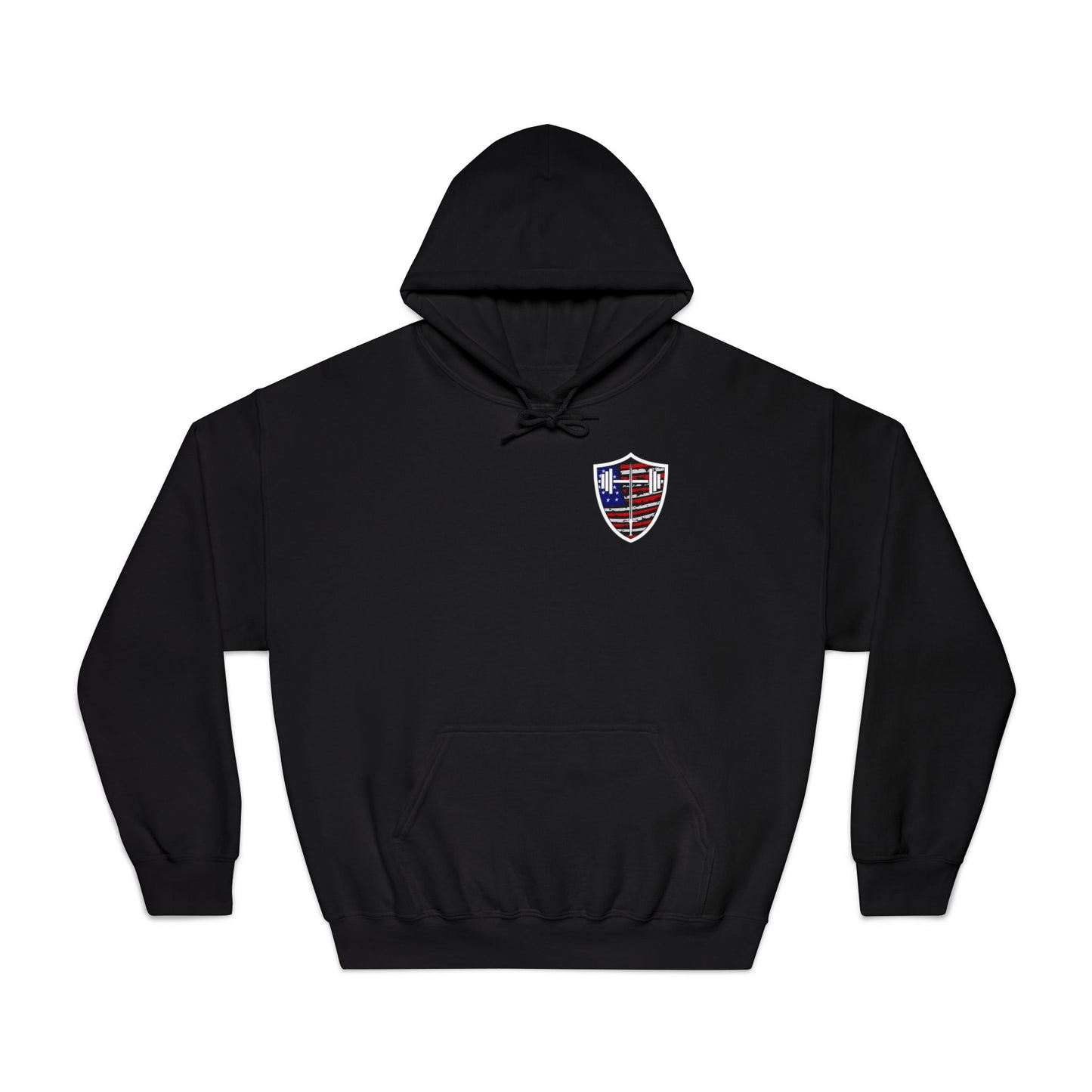 Faith Fitness & Freedom Hooded Sweatshirt — American Shield Flame Graphic
