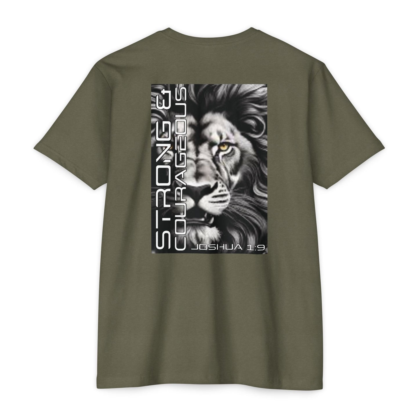 Strong & Courageous Lion Graphic T-Shirt, Joshua 1:9 Motivational Tee, Unisex Shirt, Strength Apparel, Gift for Him, Faith-Based Clothing