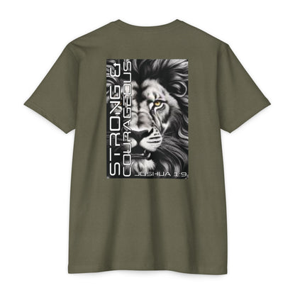 Strong & Courageous Lion Graphic T-Shirt, Joshua 1:9 Motivational Tee, Unisex Shirt, Strength Apparel, Gift for Him, Faith-Based Clothing