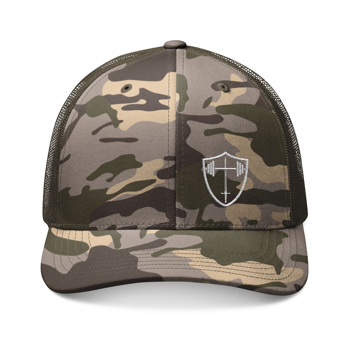 Bible & Barbell Logo Camouflage Trucker Hat — Embroidered Shield Logo Camouflage Cap