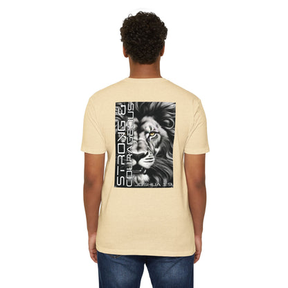 Strong & Courageous Lion Graphic T-Shirt, Joshua 1:9 Motivational Tee, Unisex Shirt, Strength Apparel, Gift for Him, Faith-Based Clothing