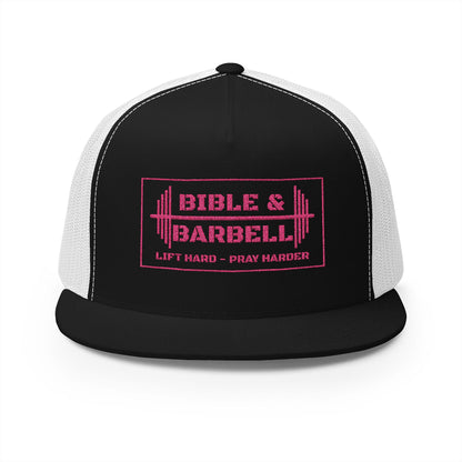 Bible & Barbell Pink Boxed Logo 5 Panel Trucker Cap