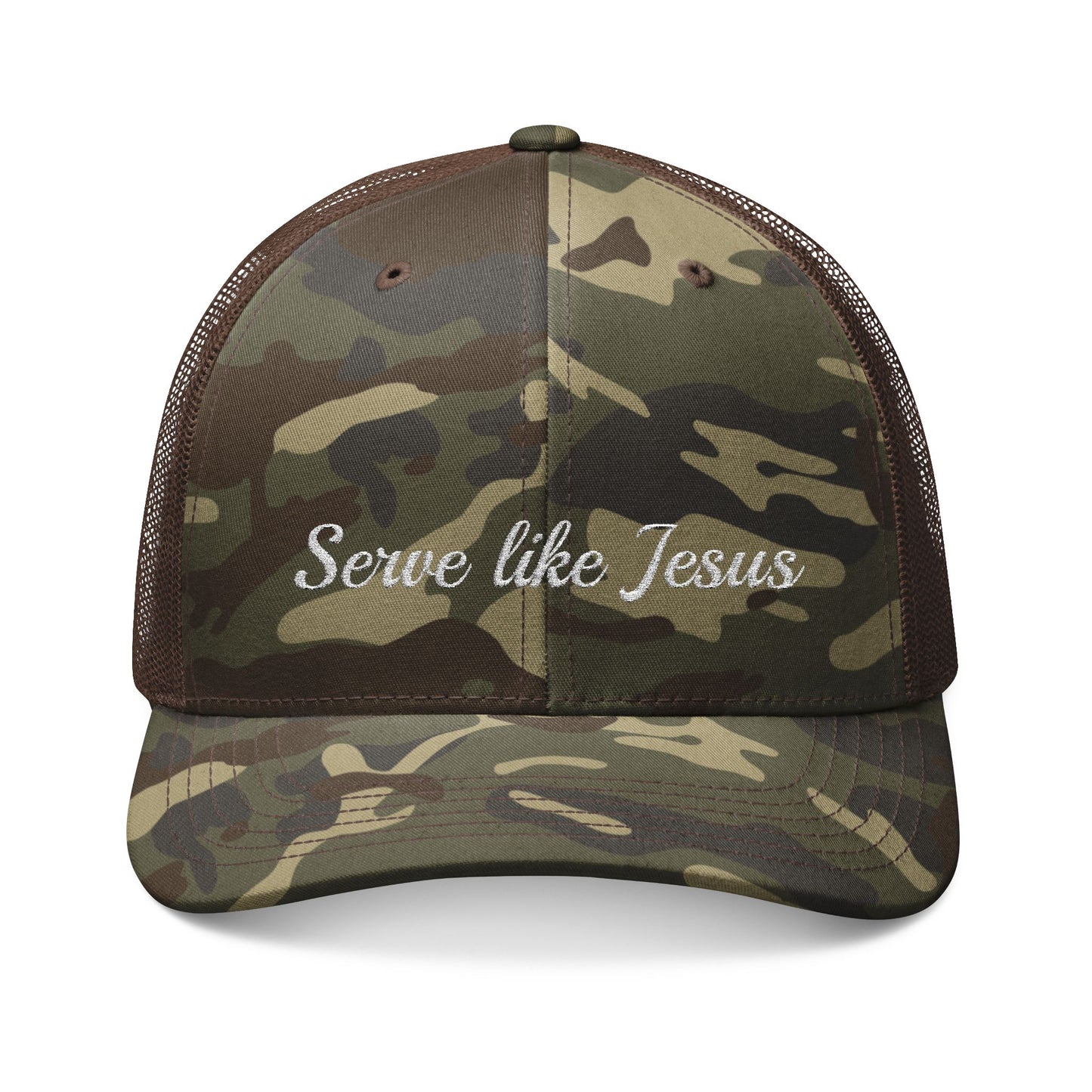Camouflage Trucker Hat — "Serve like Jesus" Embroidered Christian Cap