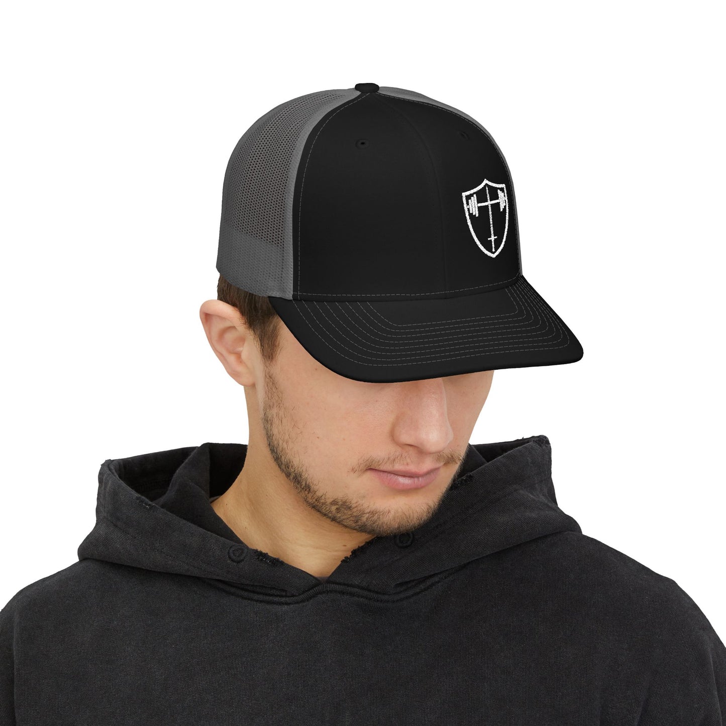 Bible & Barbell Shield & Cross Logo Trucker Cap — Christian Faith Snapback Hat