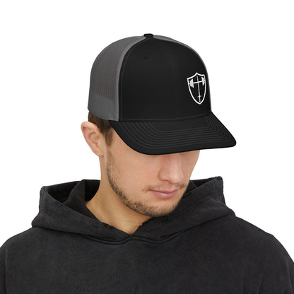 Bible & Barbell Shield & Cross Logo Trucker Cap — Christian Faith Snapback Hat