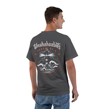 Unshakeable Psalm 27:1 Lighthouse T-Shirt — Christian Faith Graphic Tee
