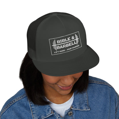 Bible & Barbell White Boxed Logo 5 Panel Trucker Cap