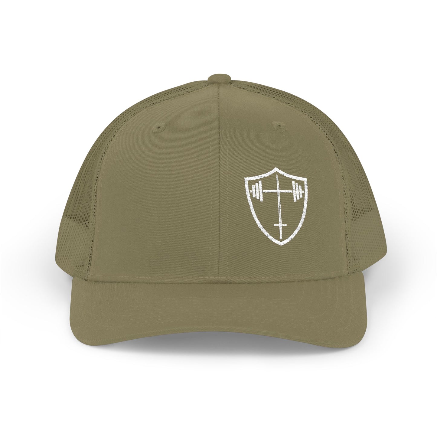 Bible & Barbell Shield & Cross Logo Trucker Cap — Christian Faith Snapback Hat