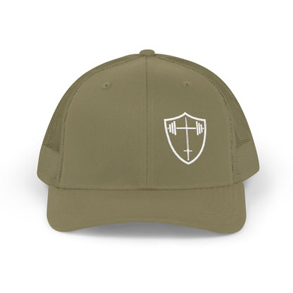 Bible & Barbell Shield & Cross Logo Trucker Cap — Christian Faith Snapback Hat