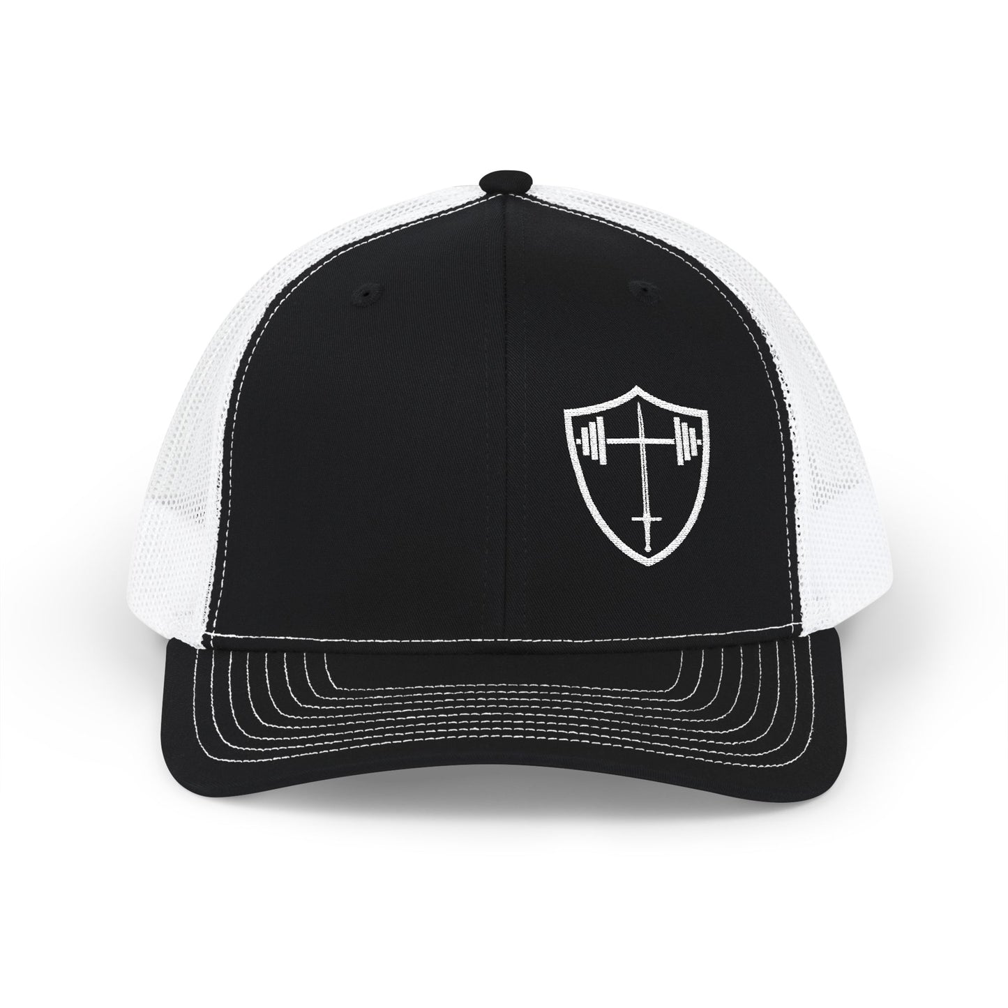 Bible & Barbell Shield & Cross Logo Trucker Cap — Christian Faith Snapback Hat