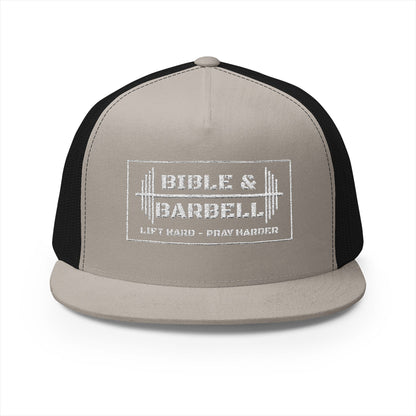 Bible & Barbell White Boxed Logo 5 Panel Trucker Cap
