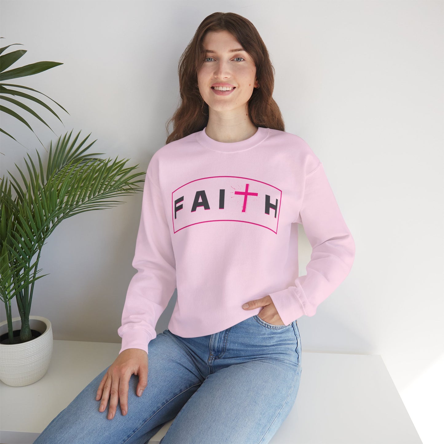 Faith Crewneck Sweatshirt — Pink Cross Graphic Christian Pullover