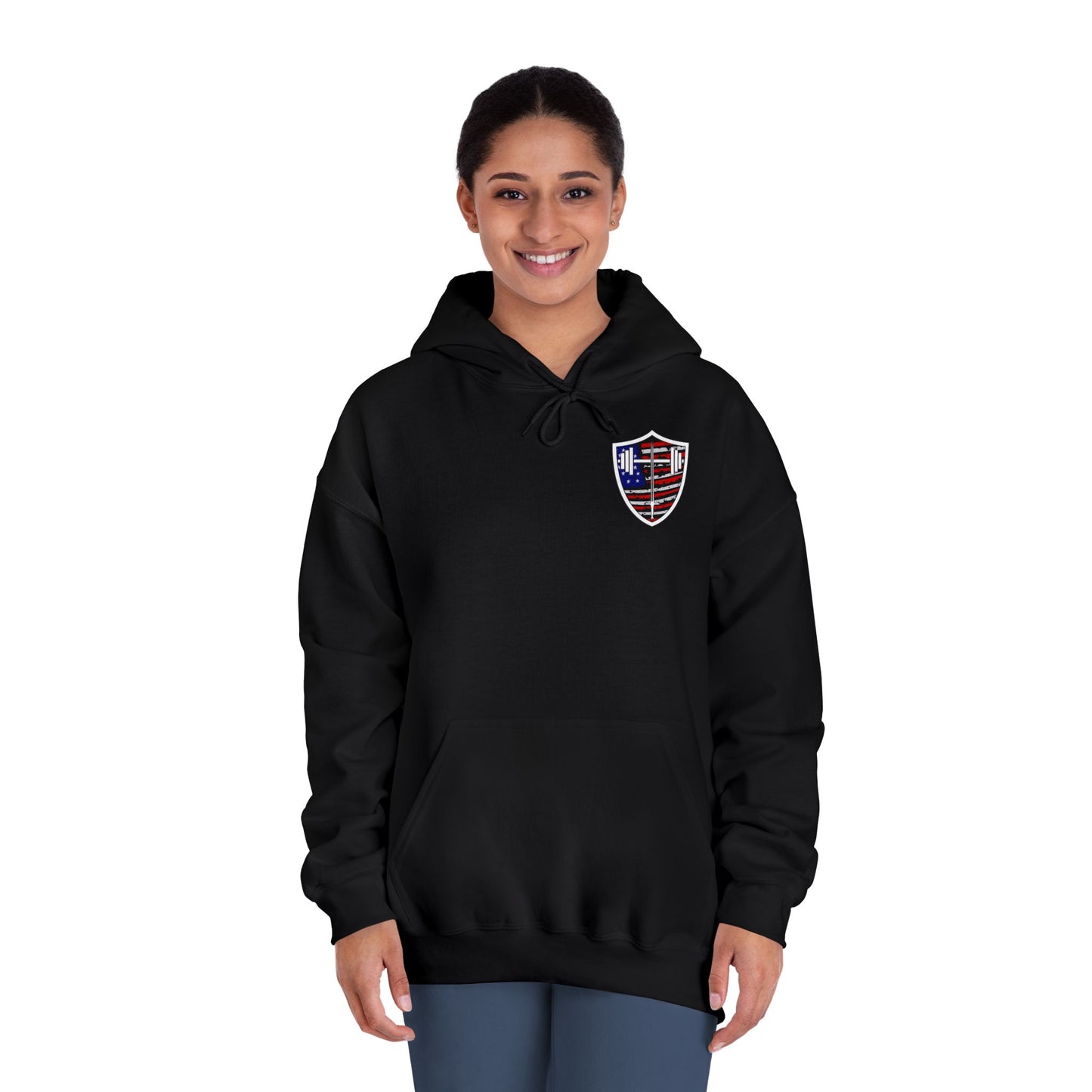 Faith Fitness & Freedom Hooded Sweatshirt — American Shield Flame Graphic