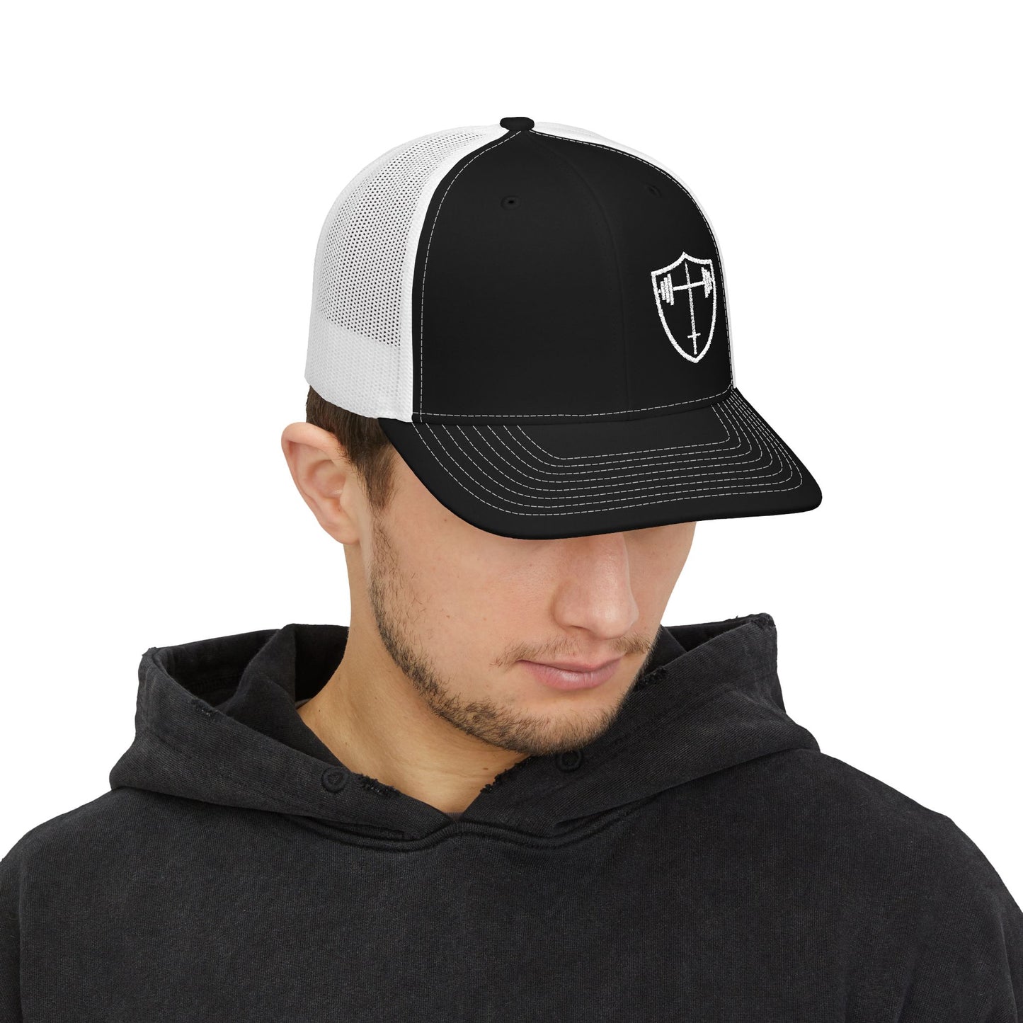 Bible & Barbell Shield & Cross Logo Trucker Cap — Christian Faith Snapback Hat