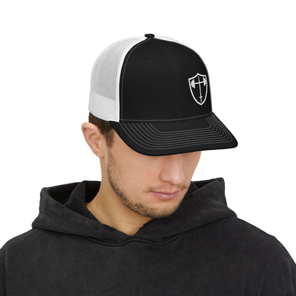 Bible & Barbell Shield & Cross Logo Trucker Cap — Christian Faith Snapback Hat
