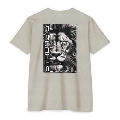 Strong & Courageous Lion Graphic T-Shirt, Joshua 1:9 Motivational Tee, Unisex Shirt, Strength Apparel, Gift for Him, Faith-Based Clothing