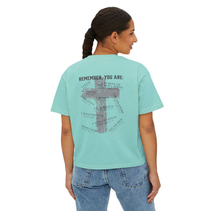 Remember, You Are: Bible & Barbell Women's Boxy Tee — Christian Cross Faith Graphic Shirt