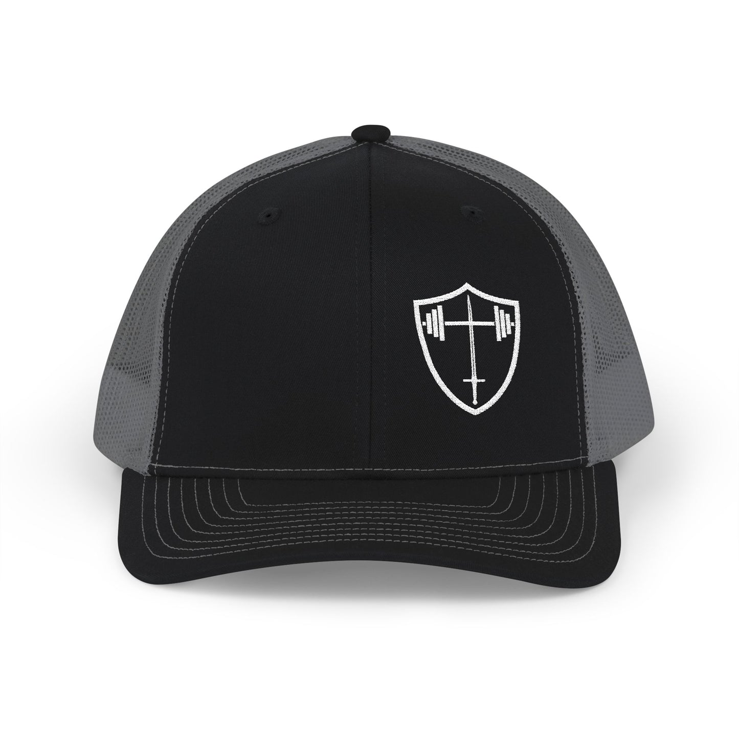 Bible & Barbell Shield & Cross Logo Trucker Cap — Christian Faith Snapback Hat