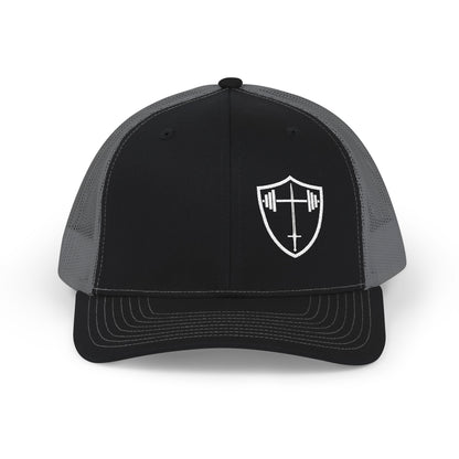 Bible & Barbell Shield & Cross Logo Trucker Cap — Christian Faith Snapback Hat