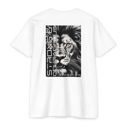 Strong & Courageous Lion Graphic T-Shirt, Joshua 1:9 Motivational Tee, Unisex Shirt, Strength Apparel, Gift for Him, Faith-Based Clothing