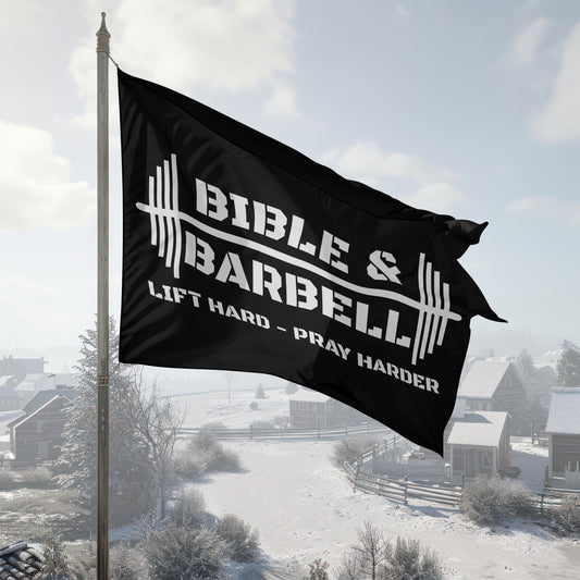 Bible & Barbell - Lift Hard, Pray Harder Black and White Gym Flag