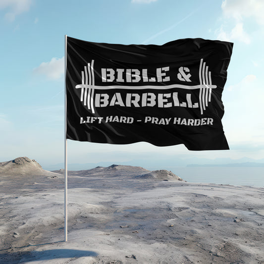 Bible & Barbell - Lift Hard, Pray Harder Black and White Gym Flag