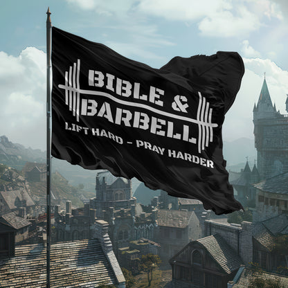 Bible & Barbell - Lift Hard, Pray Harder Black and White Gym Flag