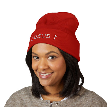 Jesus Embroidered Cuffed Beanie – Christian Faith Knit Hat